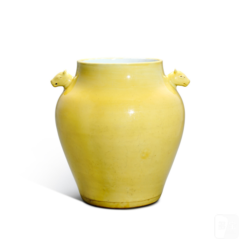 A yellow-glazed handled ritual jar, Ming dynasty | 明 黃釉犧耳尊